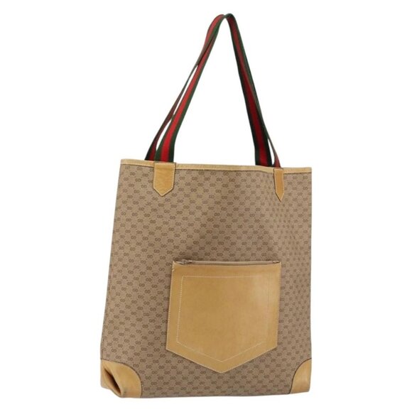GUCCI Micro GG Supreme Web Sherry Line Tote Bag PVC Beige Red Auth 155601